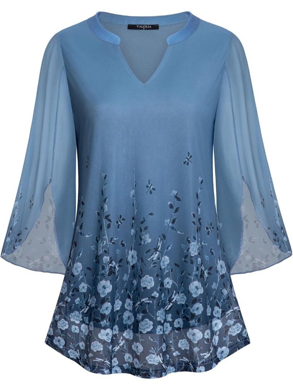 VALOLIA Women's Tops Blue 3/4 Sleeve Floral V Neck Double Layers Mesh Blouses
